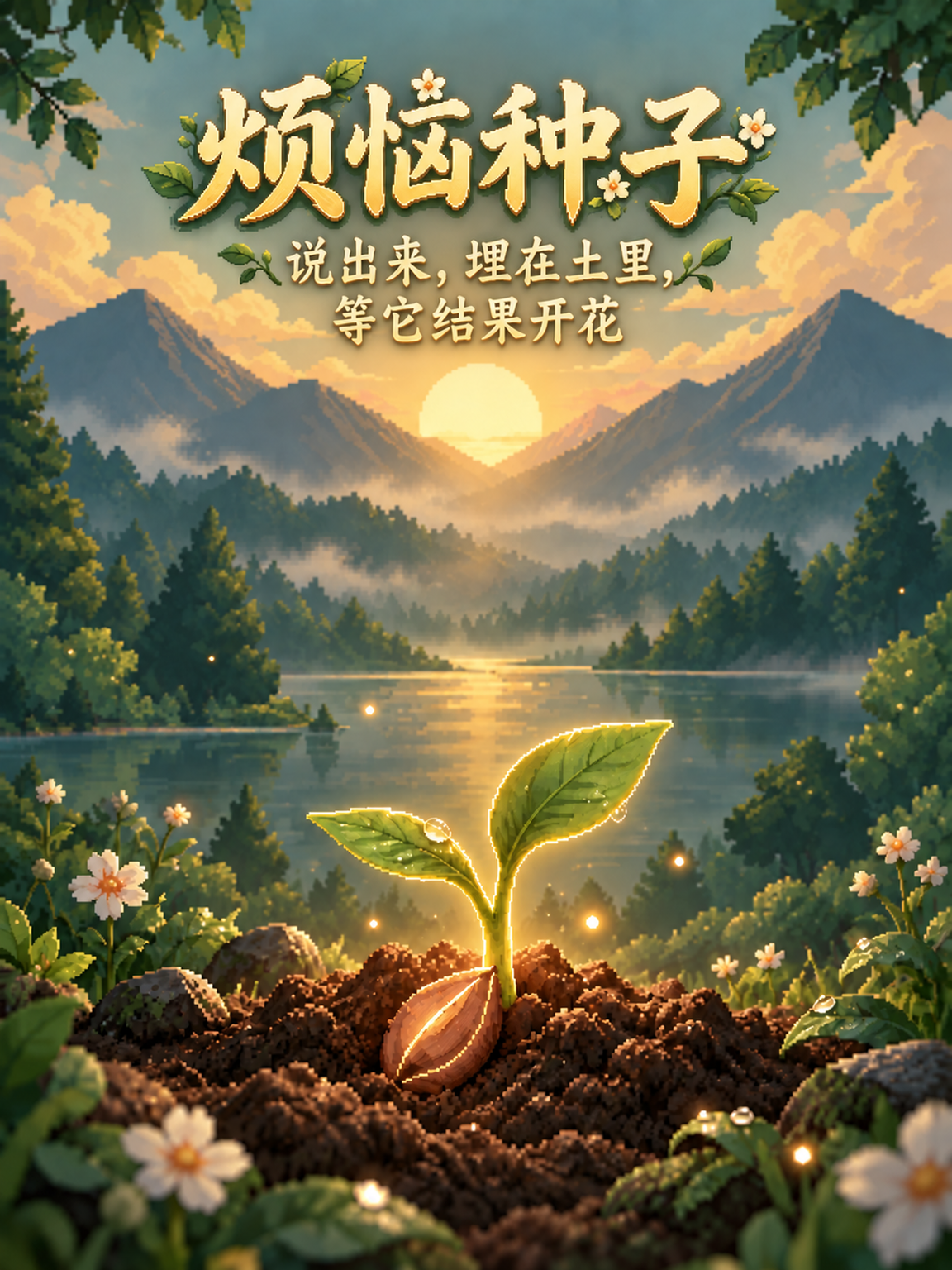 像素风烦恼种子封面：山谷湖泊前，一颗种子在土壤中发芽